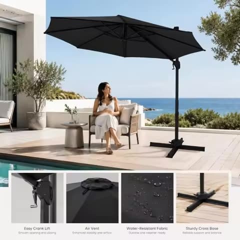 Parasol cantilever 3 m gris – 8 baleines, cadre aluminium